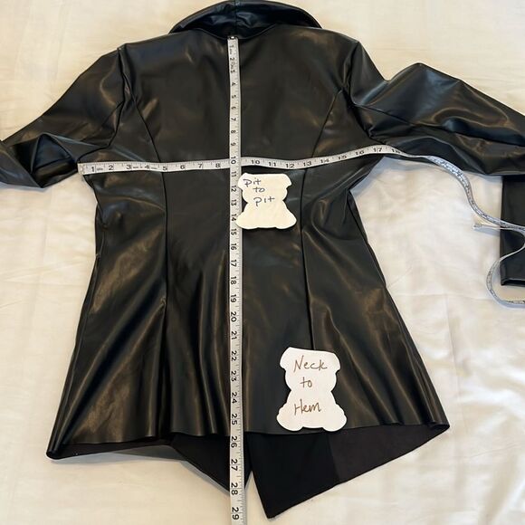 Shein sz6 NWOT black edgy faux leather raw hem open front shawl collared jacket - Picture 6 of 7